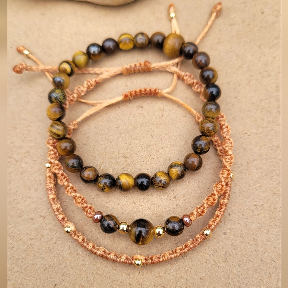 Handmade Natural Tiger Eye Stone Bracelet Set Of 3 - Picture 4 of 4